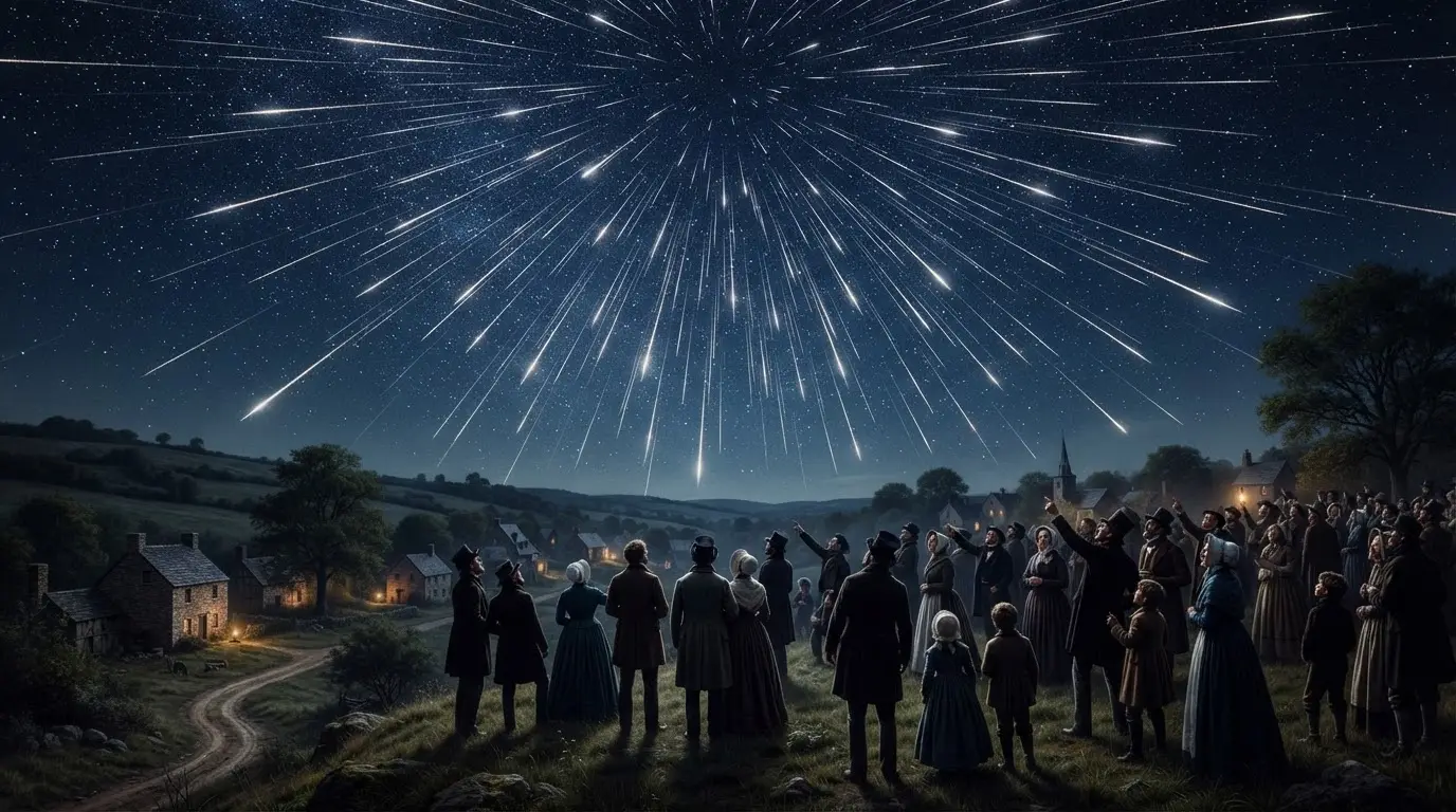 Fiery orange meteor trails streaking across a dark, star-dense night sky above silhouetted 1830s rooftops, evoking the panic of the 1833 Leonid meteor storm