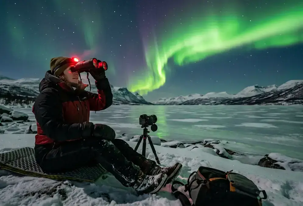 A stargazer bundled in a windproof parka and insulated mittens stands on snow near Lake Torneträsk at night, aurora borealis glowing green overhead, illustrating an Abisko arctic night packing list for cold-weather stargazing gear