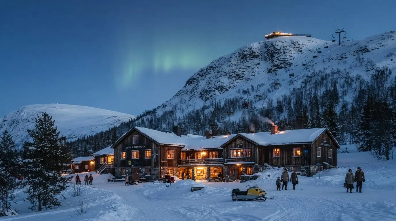 Photorealistic illustration of a snow-covered Arctic lodge glowing with warm window light under green aurora curtains at night, a solitary traveler's silhouette approaching the front door, evoking Abisko's Japanese aurora tourism history