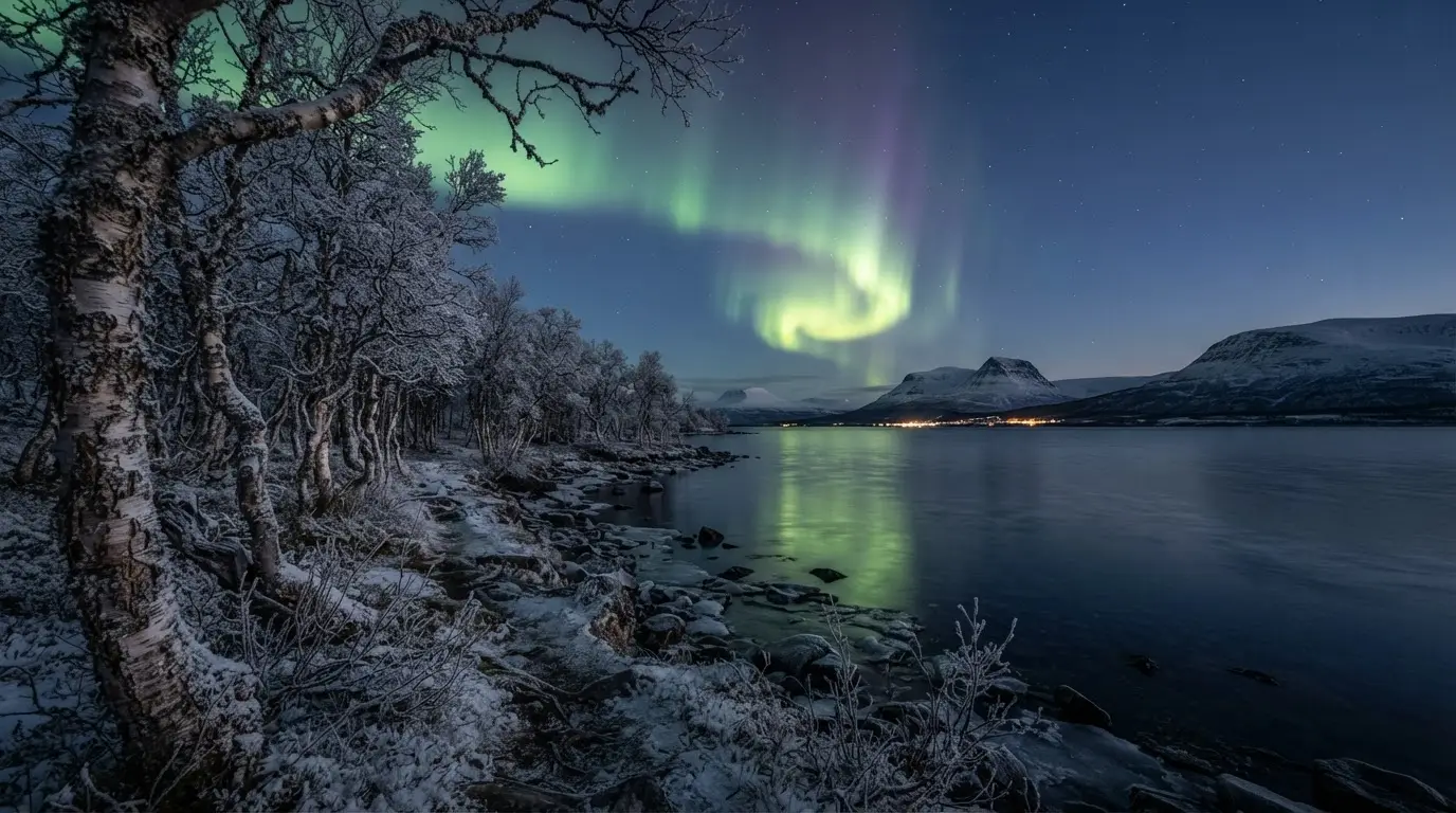 Birch forest along the shore of Lake Torneträsk near Abisko at dusk, aurora glow above the water, illustrating the Abisko name meaning rooted in Sami Abeskovvu