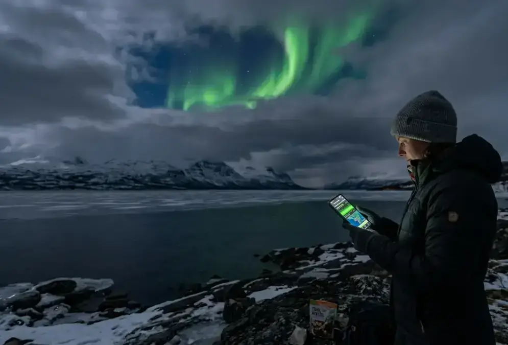 Photorealistic night scene above Lake Torneträsk near Abisko: a traveler checks an Abisko aurora forecast app on a phone as a clear gap in the clouds, the blue hole, opens overhead with green aurora beginning to show through, while cloud still blankets the distant hills