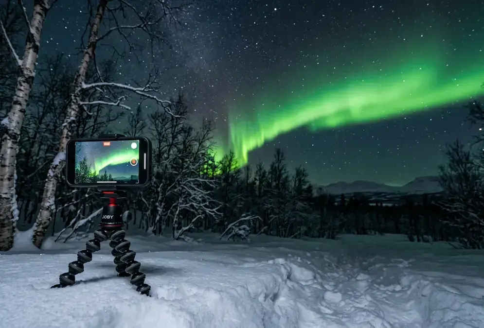 Abisko stargazing smartphone photography in action: a smartphone mounted on a mini tripod facing a green aurora curtain over snow-covered birch trees at night.