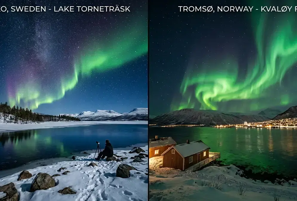 Abisko vs Tromsø stargazing comparison: green aurora over Lake Torneträsk's clear inland sky beside aurora over a snowy Tromsø fjord