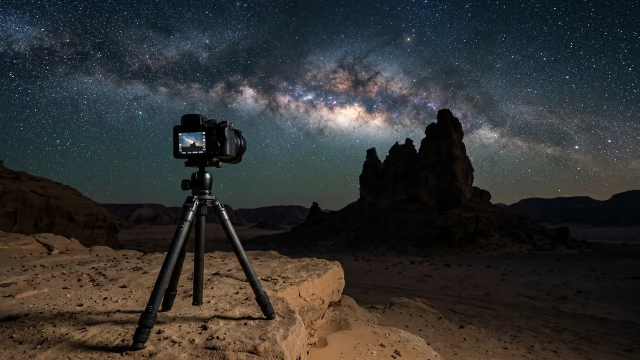 Photorealistic desert night scene at AlUla's Gharameel reserve: a mirrorless camera on a sturdy tripod facing a north-oriented sandstone rock formation silhouette, Milky Way core rising overhead, fine desert sand visible on the foreground rock. AlUla astrophotography gear kit for desert night photography.