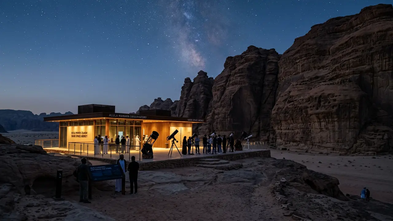 Illuminated astronomy pavilion at AlUla Manara at dusk, telescopes silhouetted under a darkening desert sky beside sandstone cliffs, part of Saudi Arabia's AlUla astrotourism investment