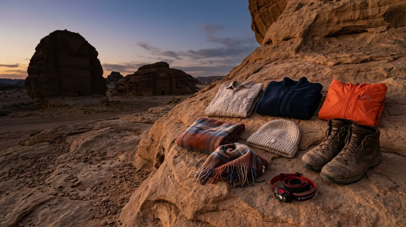 Flat-lay AlUla packing list: a linen shirt, fleece jacket, windproof shell, wool hat, scarf, closed-toe boots, and a red-light headlamp arranged on sandstone rock at dusk with Hegra's tomb silhouettes visible in the soft evening light