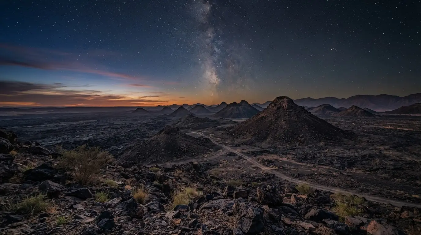 Harrat Uwayrid volcano AlUla: a dark basalt lava field with scoria cones under a twilight sky, faint Milky Way above a flat horizon
