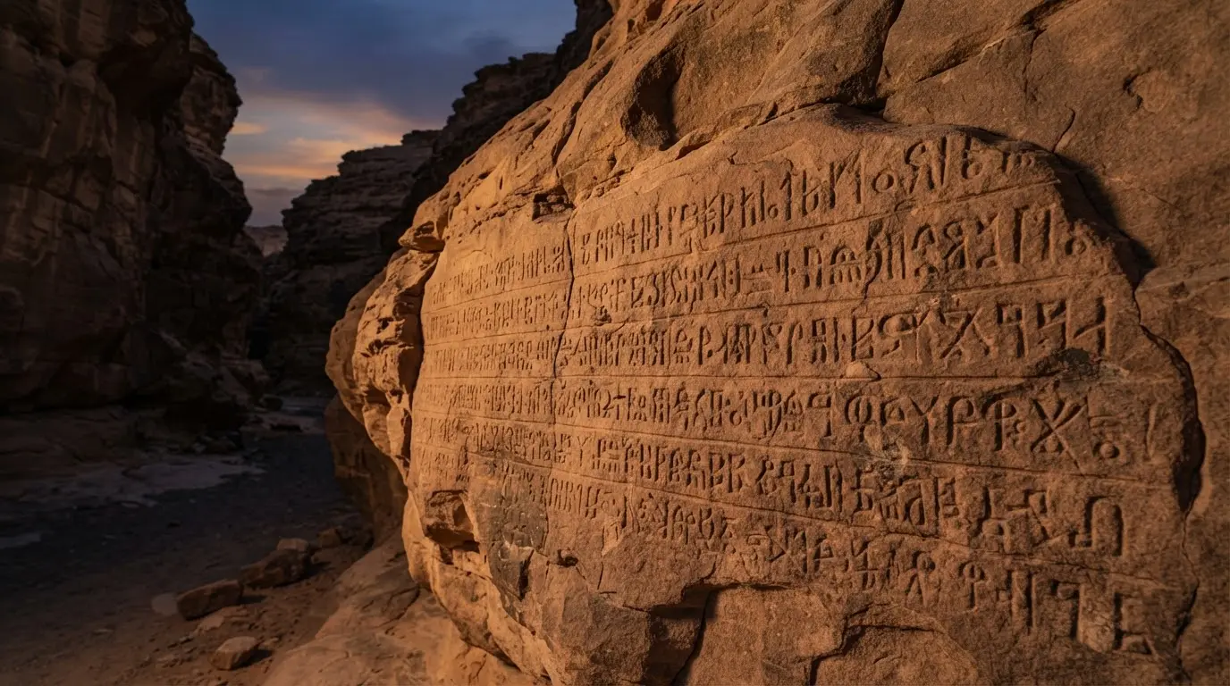 Jabal Ikmah ancient astronomy AlUla: sandstone canyon wall carved with rows of Dadanitic letters in low amber light, a faint dusk sky above the rim