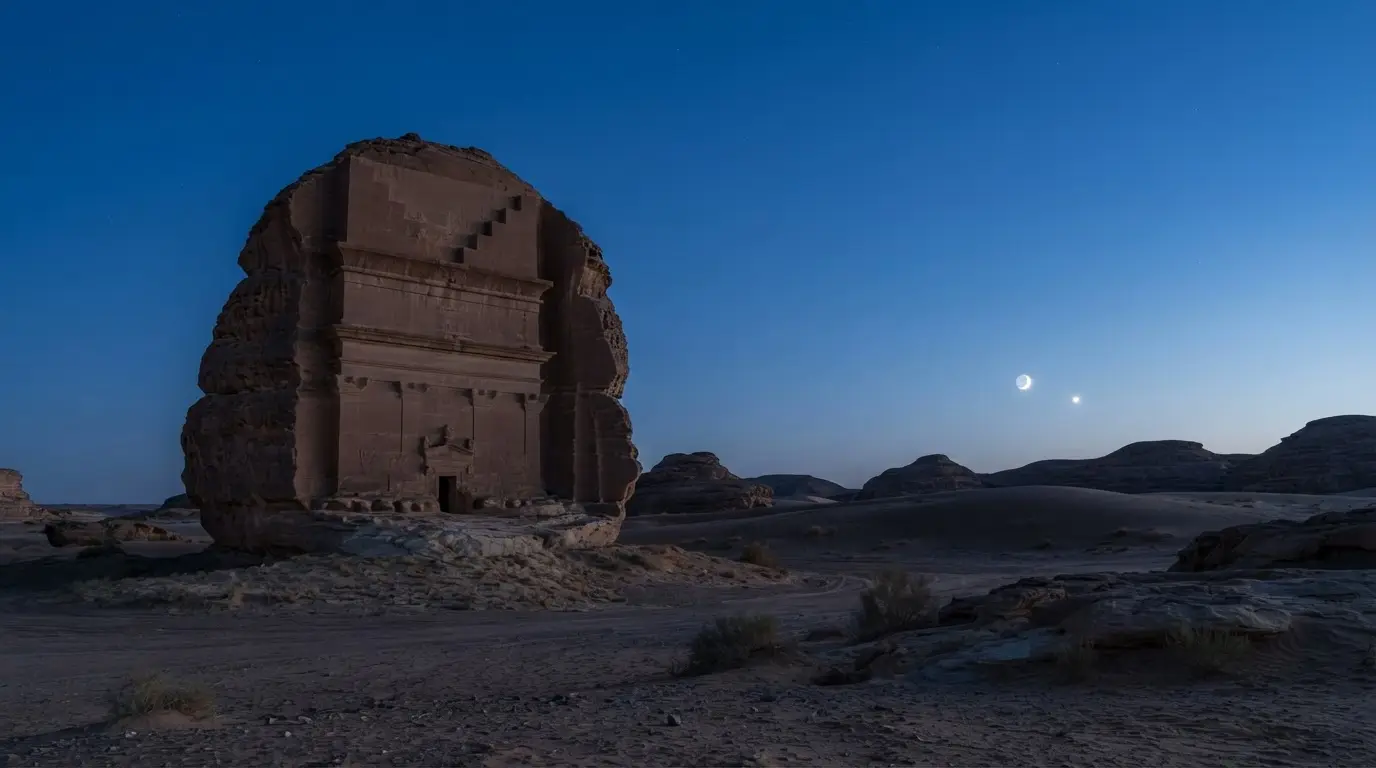 Illustration of AlUla's Nabataean star gods: a monumental rock-cut tomb facade carved into a lone sandstone outcrop at Hegra, under a deep blue pre-dawn sky with a crescent moon and Venus low on the horizon