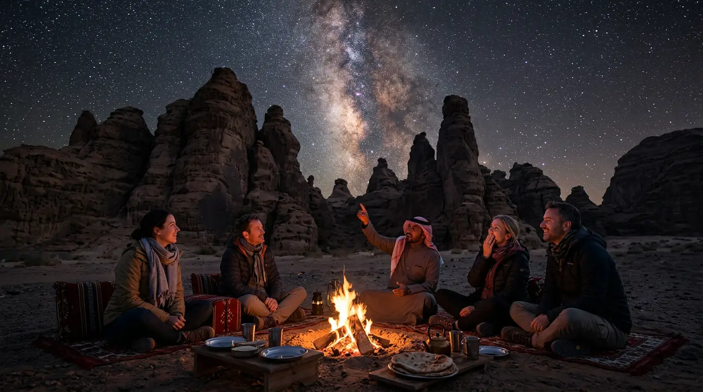 AlUla stargazing FAQ scene: a guide-led group around a desert campfire dinner in the AlGharameel Nature Reserve, the Milky Way rising above sandstone rock formations at night