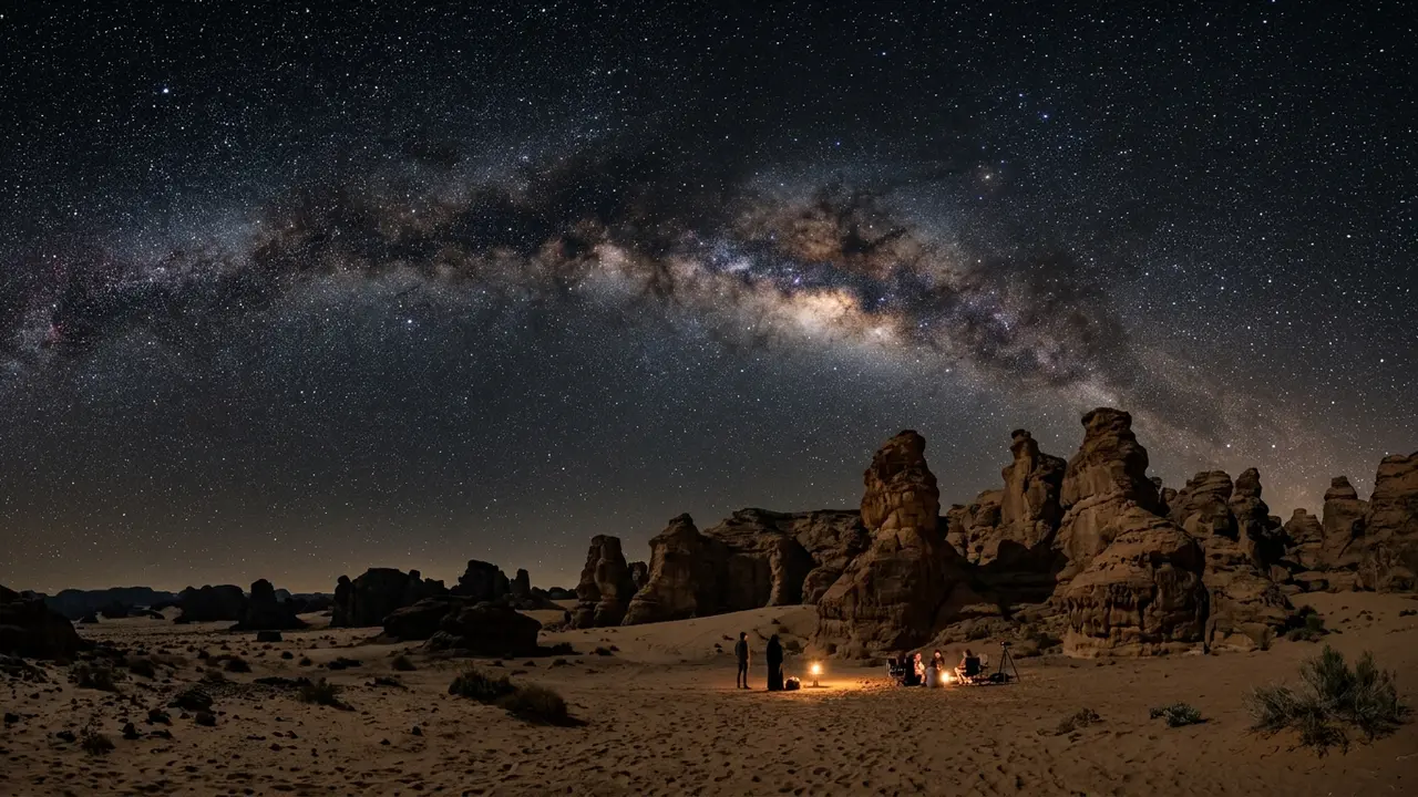 AlUla stargazing forecast check: a cloudless desert night over sandstone rock formations near Gharameel, Milky Way arching overhead against a deep black sky
