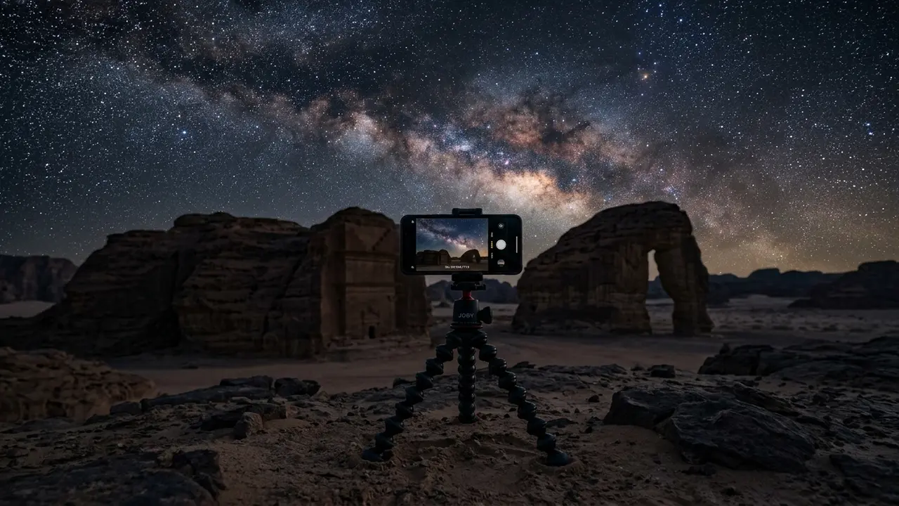 Smartphone mounted on a small tripod photographing the Milky Way over AlUla's desert sandstone at night, illustrating AlUla stargazing smartphone photography technique