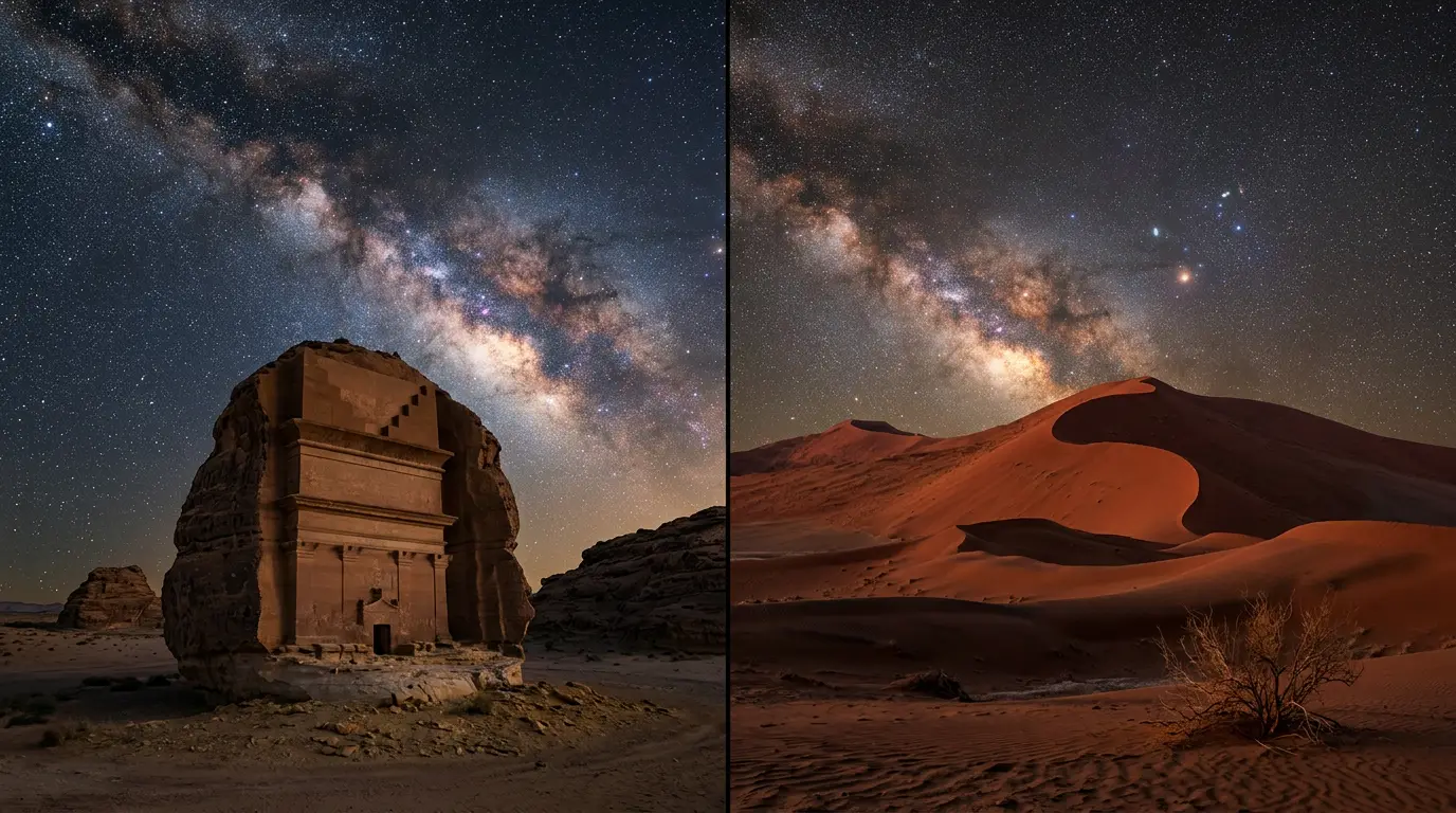 Split-frame night comparison of AlUla's Nabataean tombs at Hegra under the Milky Way beside NamibRand's red dunes and Southern Cross, illustrating AlUla vs NamibRand stargazing