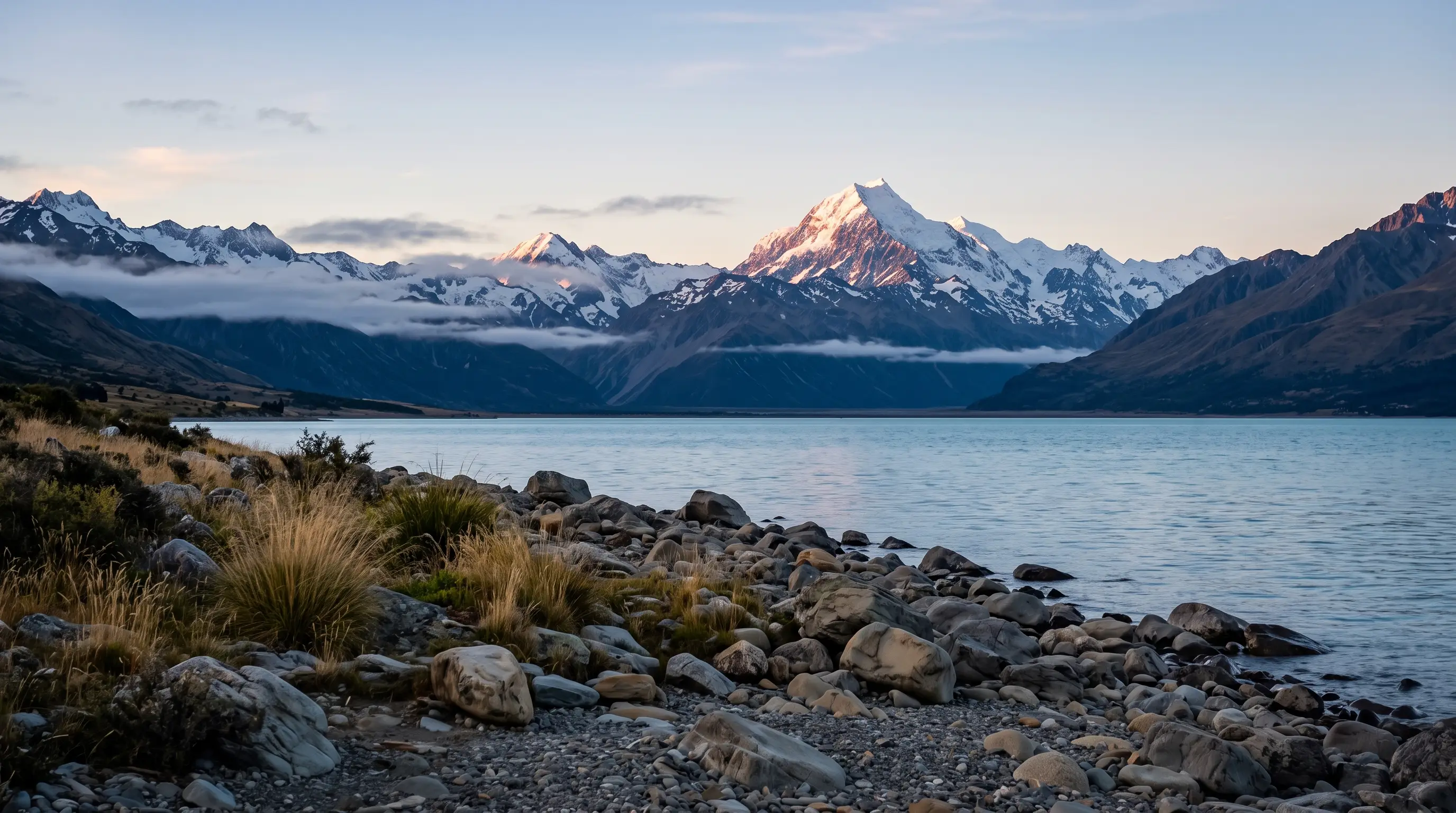 Aoraki / Mount Cook above Lake Pūkaki at dawn, snow on the summit and the Southern Alps beyond, the landscape of the Aoraki creation myth New Zealand's Ngāi Tahu tell