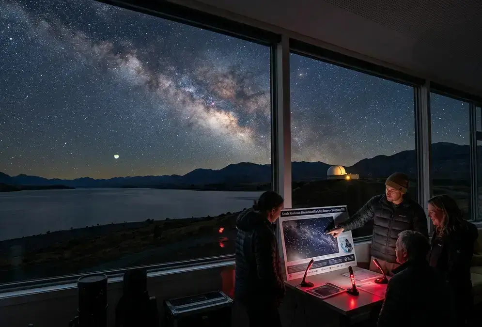 Aoraki Mackenzie stargazing FAQ scene: the Milky Way's galactic core arching over Lake Tekapo's dark shoreline, Mount John Observatory's dome faintly lit on the ridge above, the Southern Cross low near the horizon