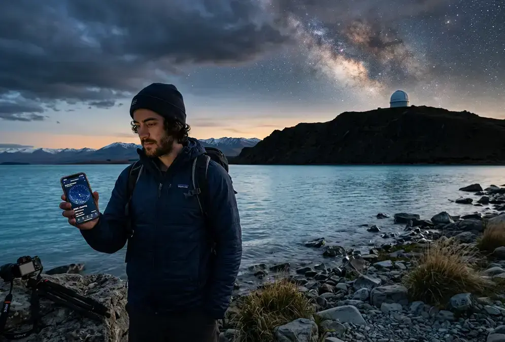 Traveler checking an Aoraki Mackenzie stargazing forecast on a phone beside Lake Tekapo at dusk, Mount John Observatory dome visible on the ridgeline above, clouds clearing to reveal the Milky Way over the Mackenzie Basin