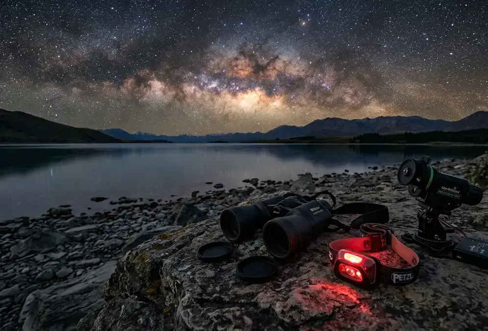 Aoraki Mackenzie stargazing gear laid out on a lakeshore rock at night: 10x50 binoculars, a red-light headlamp, and a compact star tracker, with the Milky Way arching overhead above Lake Tekapo