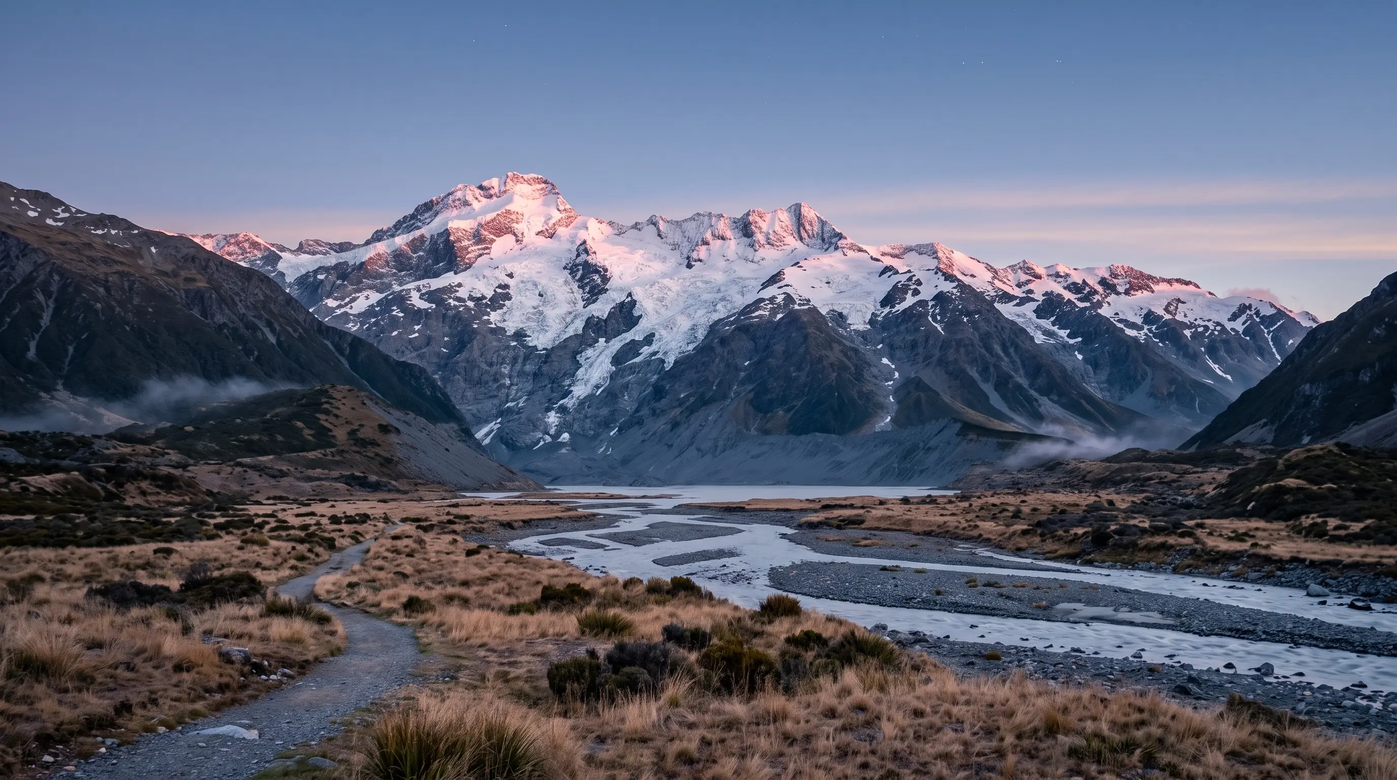 Why is Aoraki called Mount Cook? The snow-capped summit of Aoraki / Mount Cook at first light above the Hooker Valley, alpenglow on the ridge