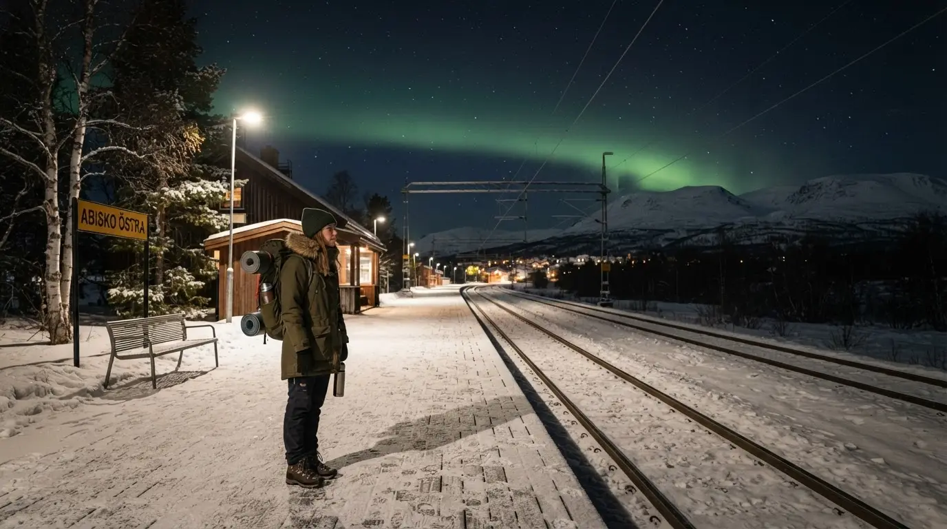 Best arctic aurora destination for solo travelers with no car: a Tromsø city bus and an overnight train to Abisko both lit by green aurora