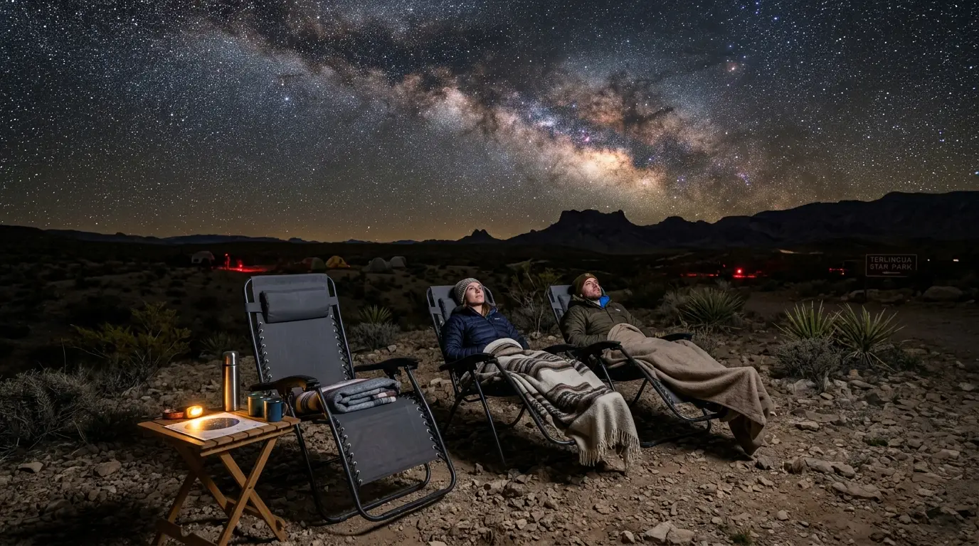 Zero-gravity recliners set up under a star-filled desert sky at Terlingua Star Park in the Big Bend Dark Sky Reserve