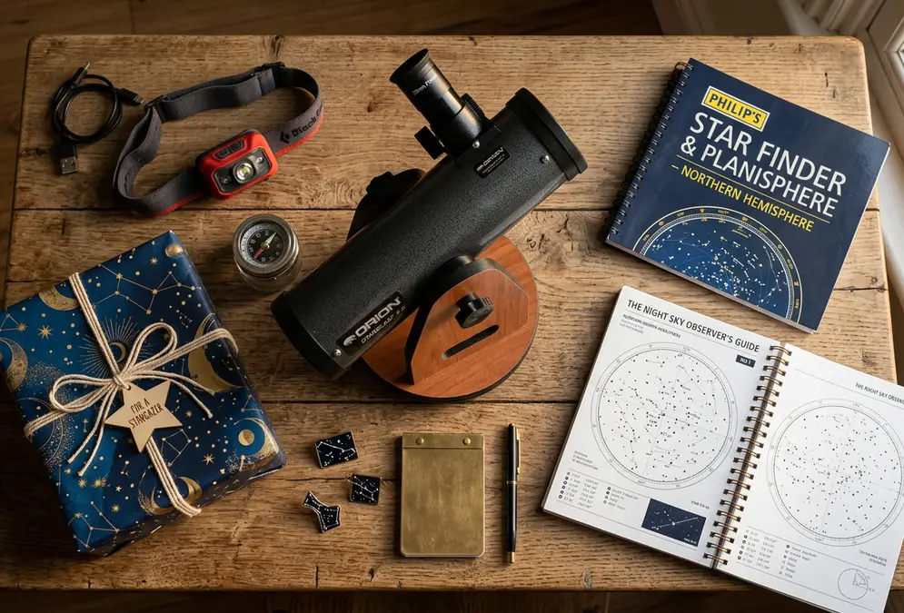 A flat-lay arrangement of astronomy gifts for stargazers: a wrapped gift box, tabletop Dobsonian telescope, red LED headlamp, and spiral-bound star atlas on a wooden table under warm evening light.