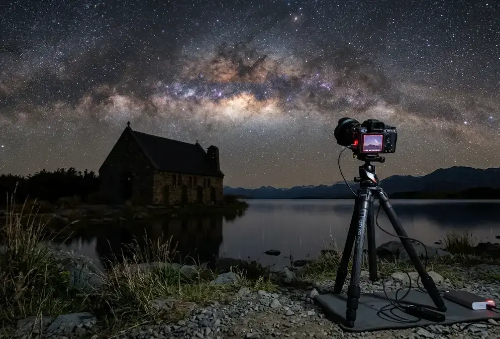 Photorealistic wide-angle astrophotography setup at Lake Tekapo, New Zealand, camera on a carbon-fibre tripod framing the Milky Way's galactic core arching directly overhead above the Church of the Good Shepherd silhouette, astrophotography gear aoraki mackenzie