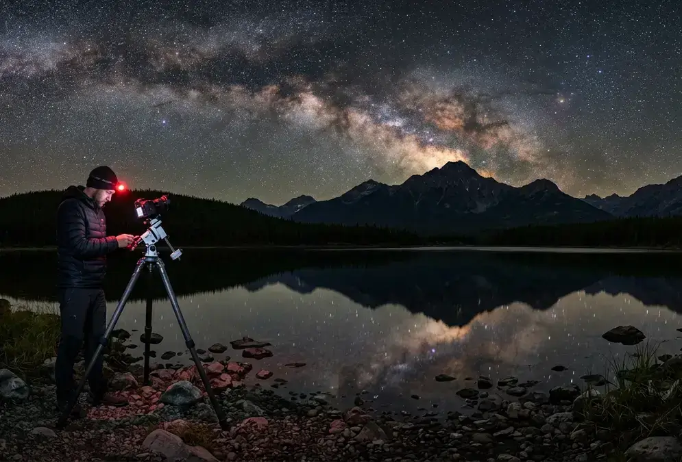 Wide-angle camera and tripod setup capturing the Milky Way over Pyramid Lake's reflection in Jasper National Park, astrophotography gear for Jasper