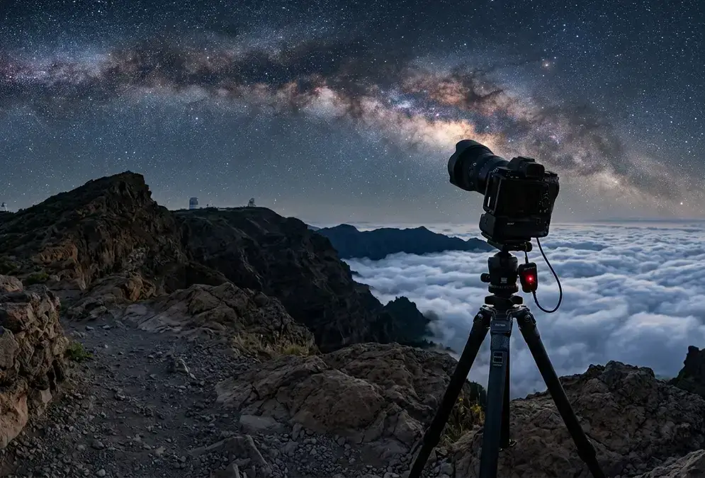 Photorealistic wide-angle night photo demonstrating astrophotography gear for La Palma: a mirrorless camera on a carbon-fibre tripod with a wide fast lens, framing the Milky Way arch above a sea of clouds and the silhouette of the Roque de los Muchachos ridge at astronomical twilight over the Caldera de Taburiente
