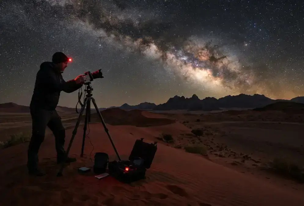 Photorealistic wide-angle astrophotography setup on a red sand dune in NamibRand Nature Reserve, Namibia, camera on a tripod framing the Milky Way's galactic core over a dune ridge silhouette, astrophotography gear for NamibRand