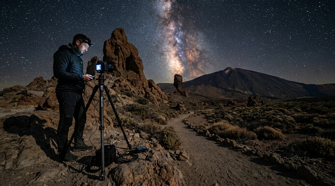Astrophotography gear for Teide setup with a carbon-fibre tripod, full-frame camera, and wide-angle lens under the Milky Way galactic core at Roques de García in Teide National Park during astronomical twilight