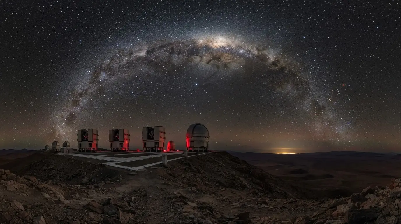 Atacama desert light pollution threat: the Milky Way over the Paranal ridge and Very Large Telescope domes, the dark horizon undisturbed by any industrial glow
