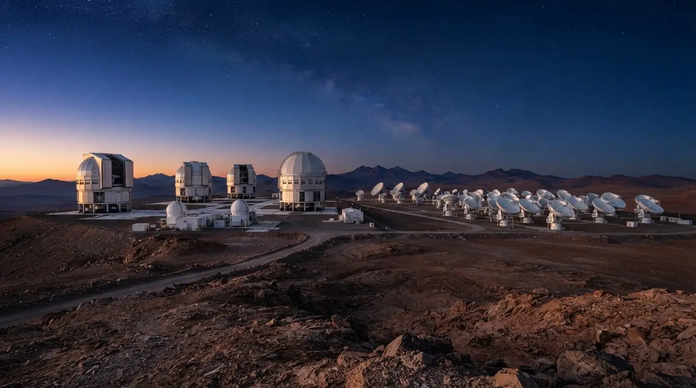 Atacama observatories explained: ALMA's radio antenna array on the Chajnantor plateau at dusk, the Milky Way rising above Chile's high desert with the Paranal ridge in the distance