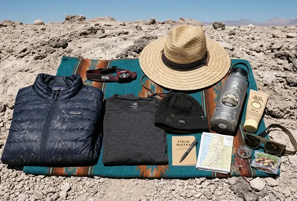 Flat lay of Atacama desert packing essentials on rocky desert ground — down jacket, merino base layer, wide-brim sun hat, SPF 50 sunscreen, and water bottle, atacama packing list for stargazing at cold altitude