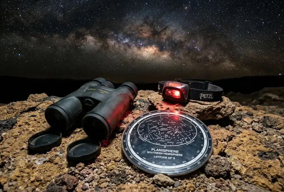 Compact stargazing gear for Atacama laid out on desert rock: 10x50 binoculars, red headlamp, and planisphere under dark southern sky