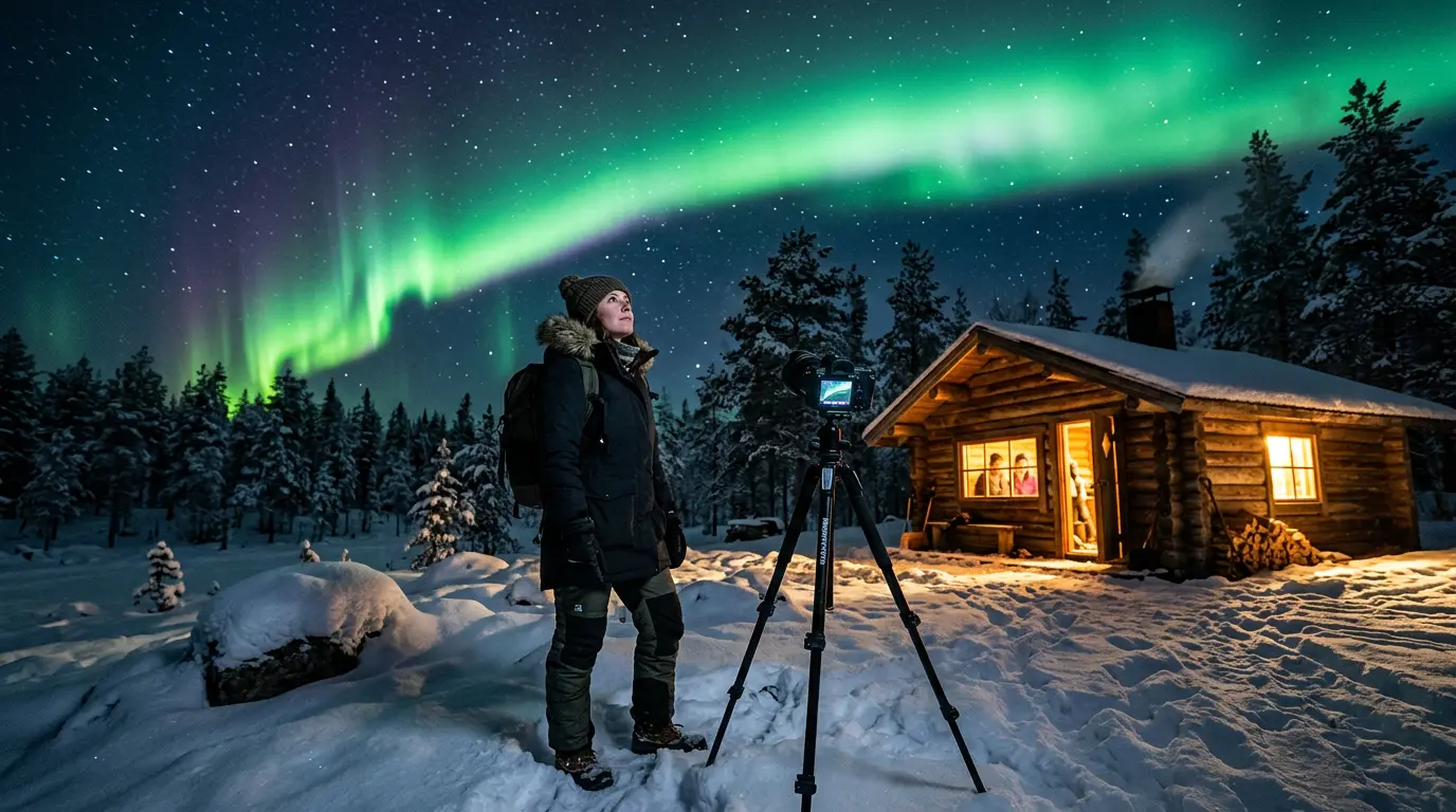 A traveler standing outside a heated shelter watching a green aurora arc overhead across a dark subarctic sky, camera on a tripod nearby, snow underfoot