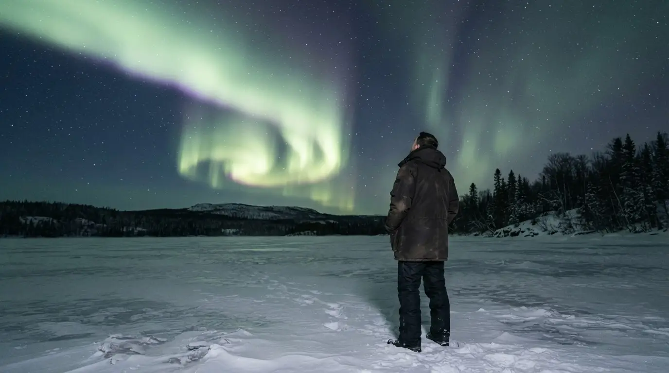 Green aurora borealis curtains over a snow-covered Arctic landscape at night, an image for aurora myths around the world and the spirits, fires and ancestors that different cultures saw in the lights