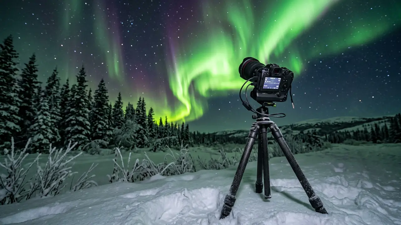 Aurora photography gear Fairbanks photographers rely on: a camera and wide-angle lens mounted on a carbon-fiber tripod facing a vivid green aurora curtain over snow-covered spruce trees at night.