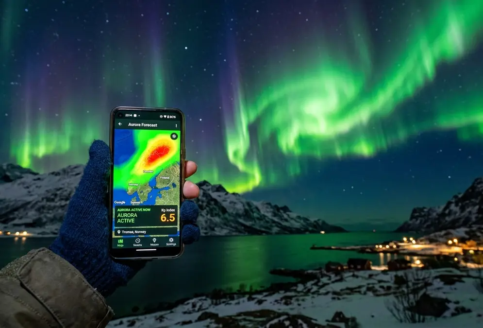 The northern lights over a snowy landscape