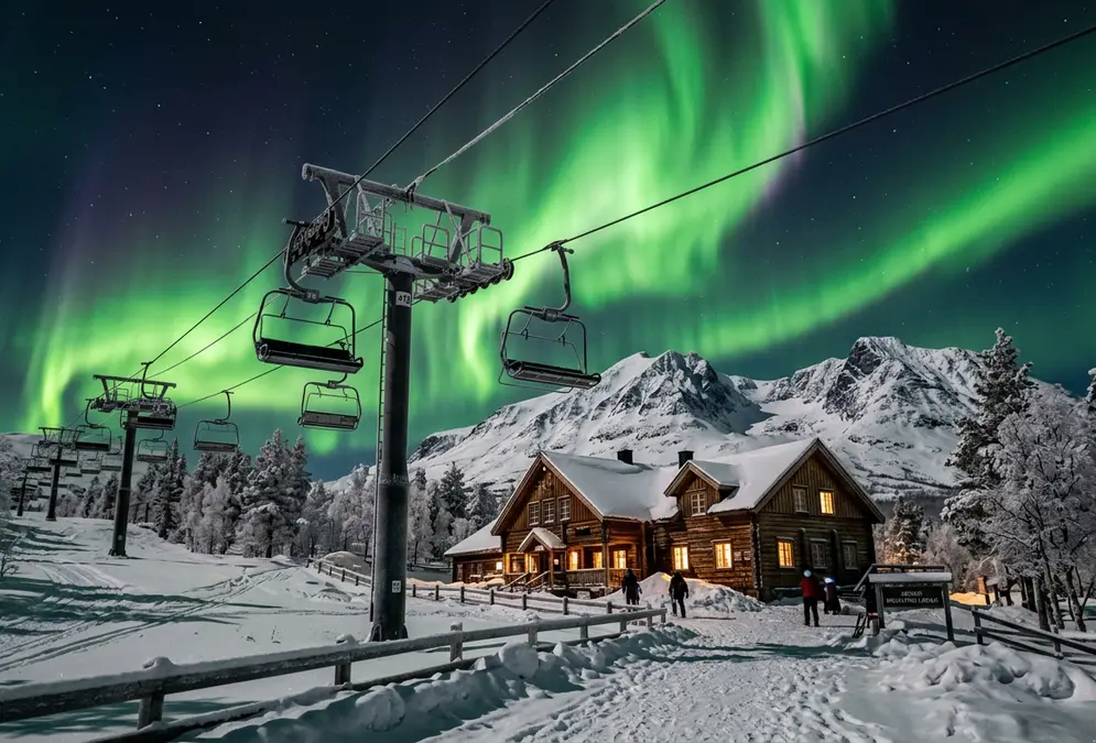 Green aurora borealis over a snow-covered mountain-station lodge in Abisko, Swedish Lapland, with a chairlift line visible in the foreground