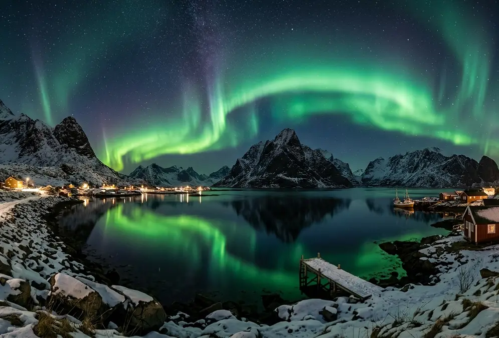 Panoramic aurora borealis above a snow-dusted fjord near Tromsø, Norway, broad green curtains arching overhead reflected in calm dark water, mountain silhouettes framing the scene, best northern lights spots near Tromsø
