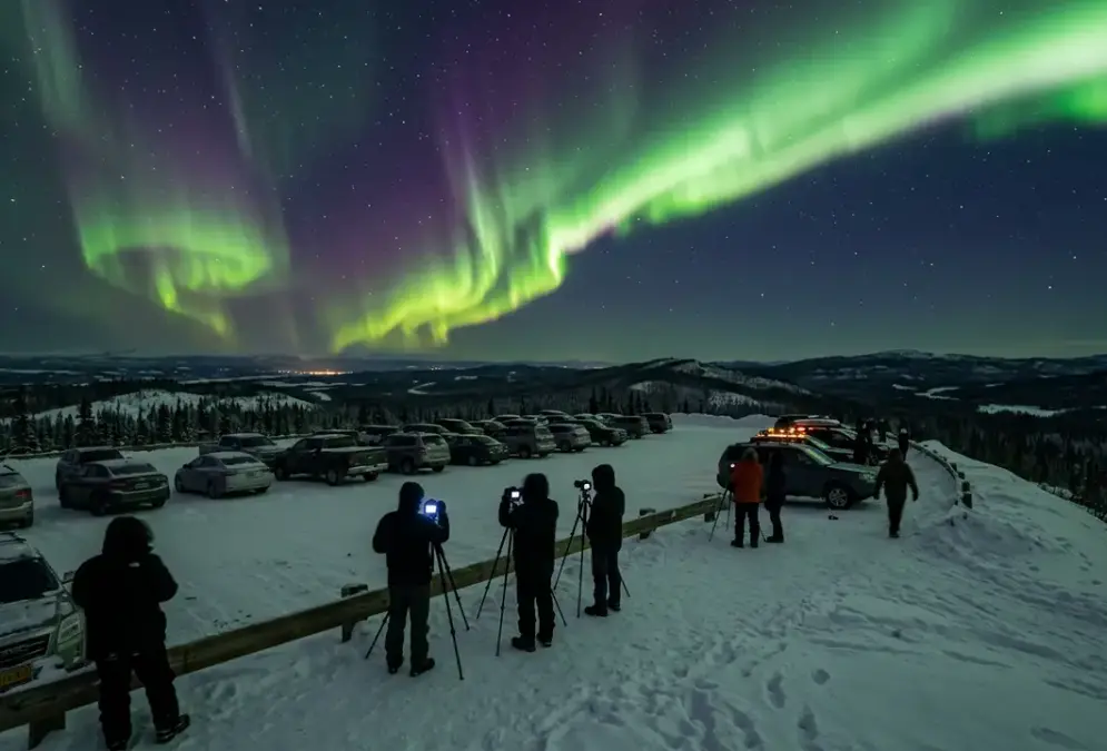 Wide shot of green and violet aurora borealis curtains over a snow-covered pullout at Cleary Summit near Fairbanks, Alaska, with parked cars and photographers silhouetted against the northern lights, one of the aurora viewing spots Fairbanks visitors drive to in order to escape downtown light pollution