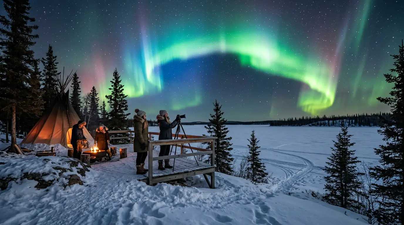 Aurora borealis reflecting green across a frozen lake beside the Ingraham Trail, a pull-off near Yellowknife framed by pine forest and Canadian Shield rock under a clear winter night sky, illustrating the best aurora viewing spots Yellowknife offers