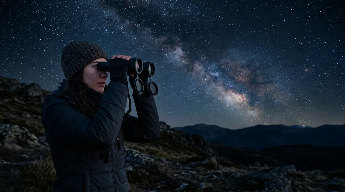 Person holding Nikon ACULON A211 10x50 binoculars while stargazing under a dark starry sky, the best binoculars for stargazing