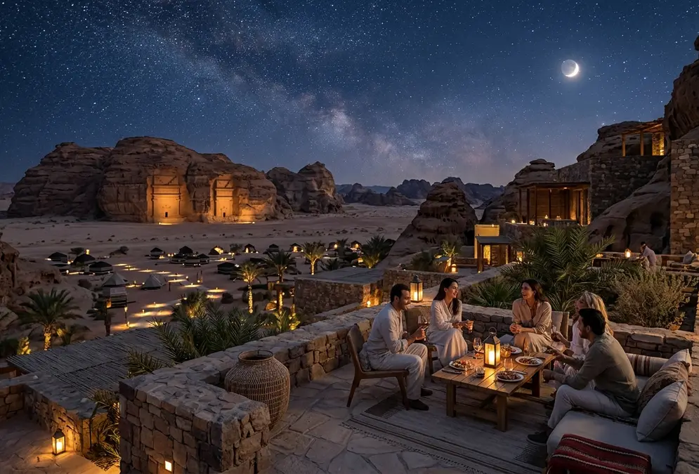 Star-filled desert sky over a luxury AlUla resort terrace near Hegra's Nabataean tombs, the ranked stargazing camps of Saudi Arabia's Ashar Valley