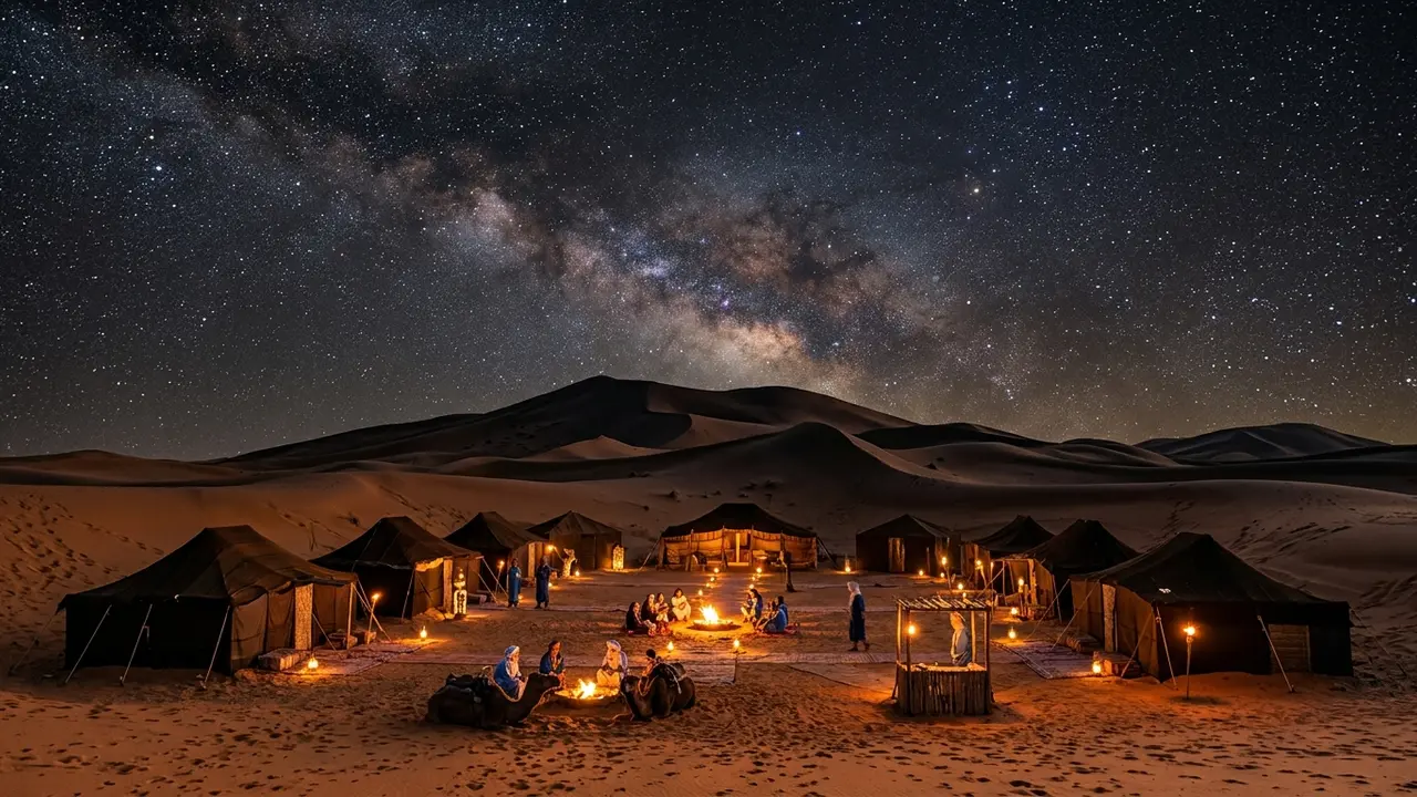 Star-filled Sahara sky over the ranked desert camps of Merzouga, Morocco, tents lit against Erg Chebbi's dune crests