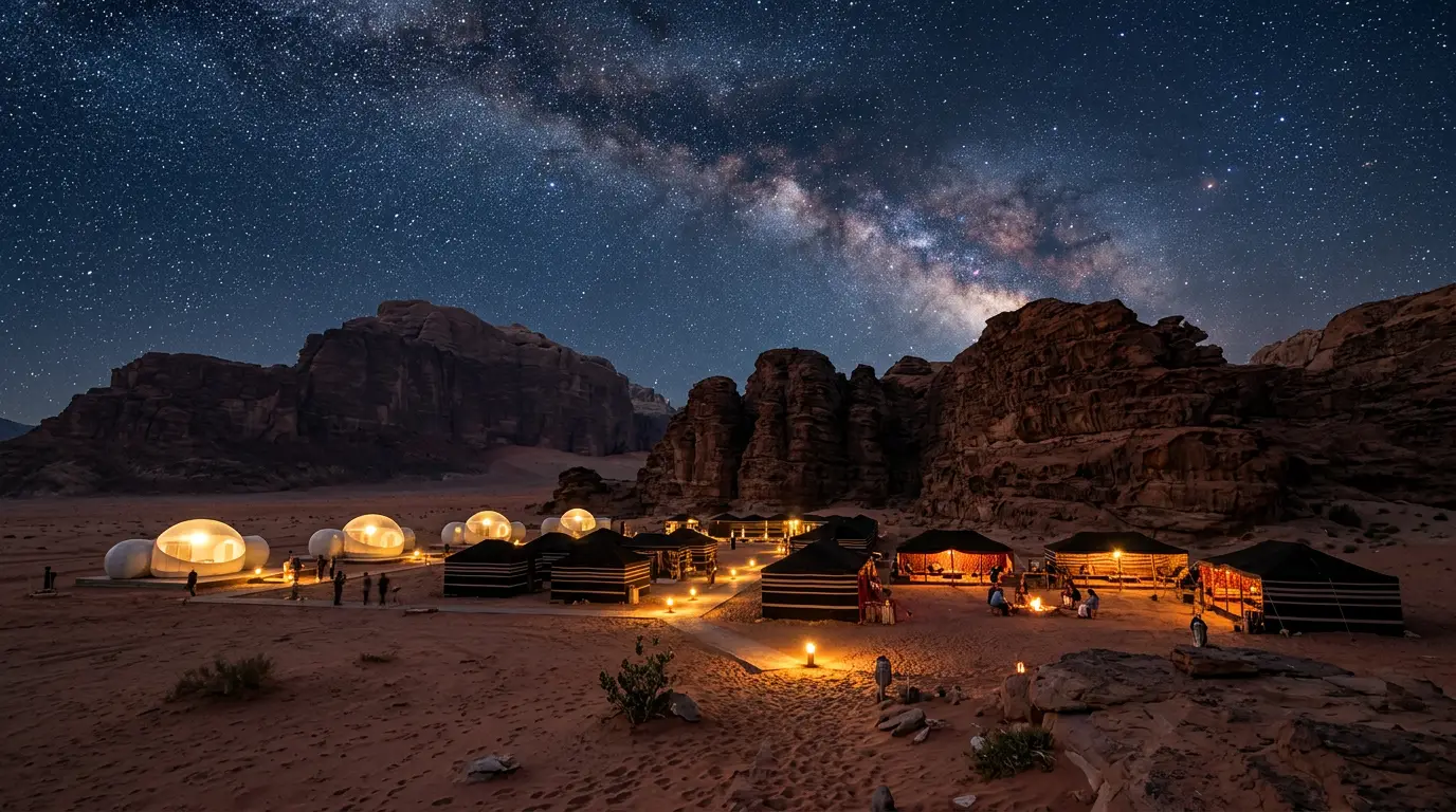 Star-filled night sky over the ranked desert camps of Wadi Rum, Jordan, bubble tents and Bedouin camps lit against red sandstone mountains