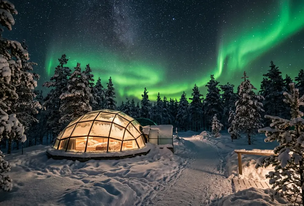 Glowing glass igloo under green aurora borealis in Finnish Lapland, snow-covered pine forest in the foreground, stars visible through the curved roof