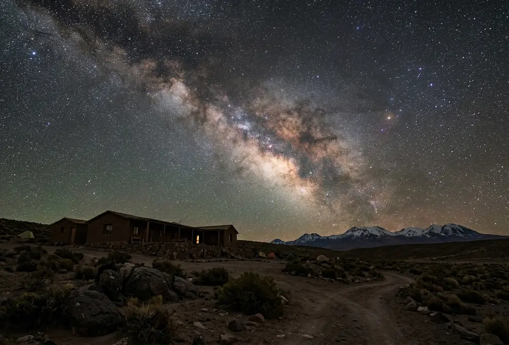 Night sky over the Atacama Desert near San Pedro de Atacama, Milky Way galactic core rising above the silhouette of a desert lodge at Bortle 1 darkness