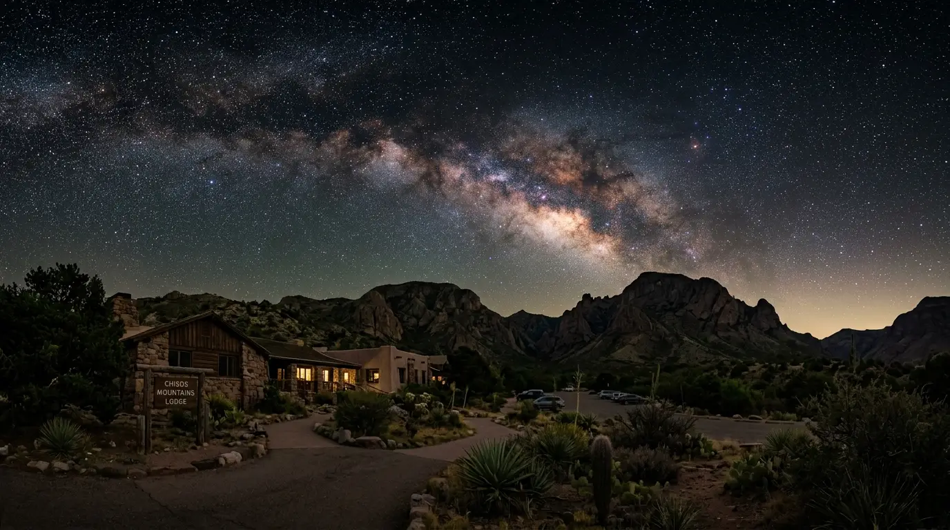 Chisos Mountains Lodge under the Milky Way in Big Bend National Park, the top pick in a ranking of the best lodges for Big Bend stargazing