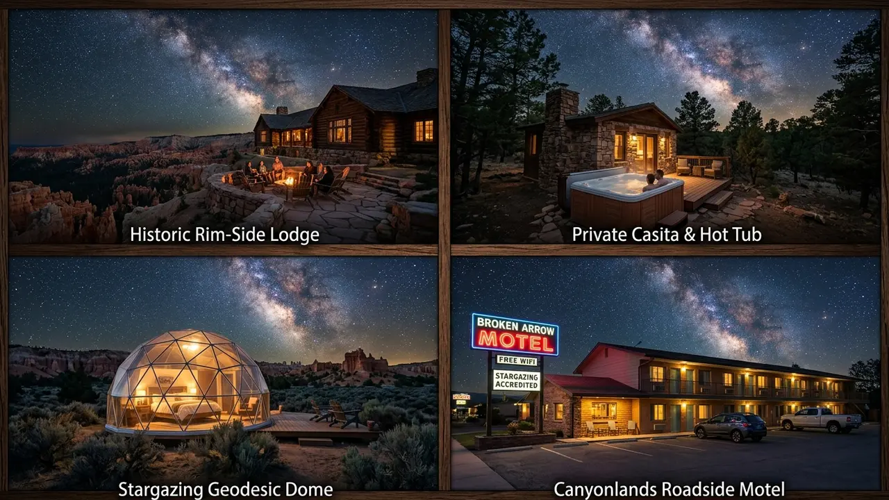 Split view of four Bryce Canyon stargazing lodges: a historic rim-side lodge, a private casita with hot tub, a glass geodesic dome, and a roadside hotel under a starry Utah sky